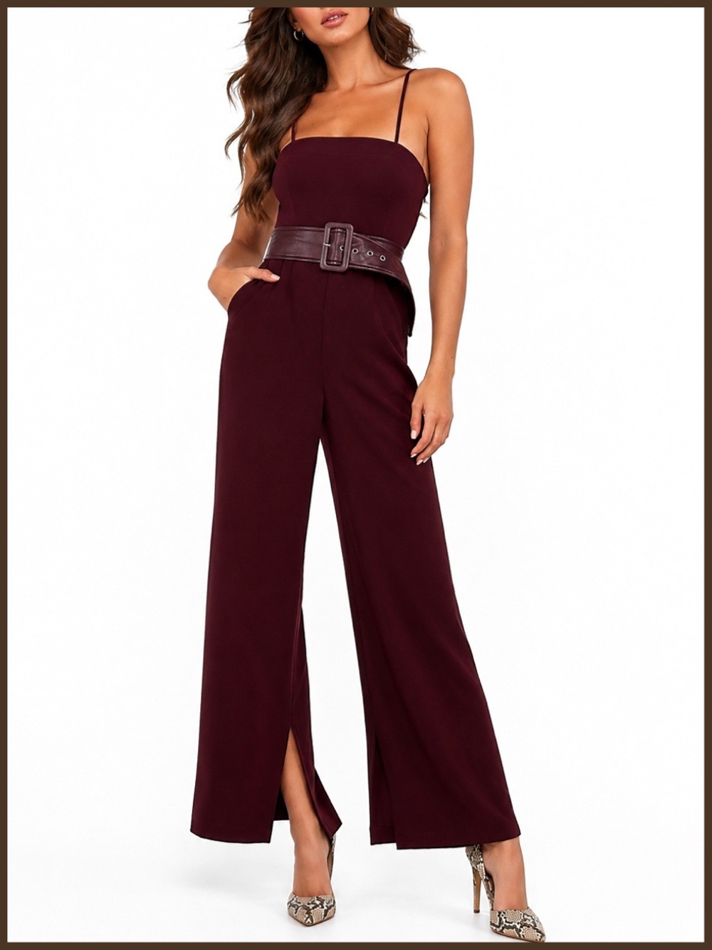 Express Brown Sleeveless Leather Belted Jumpsuit